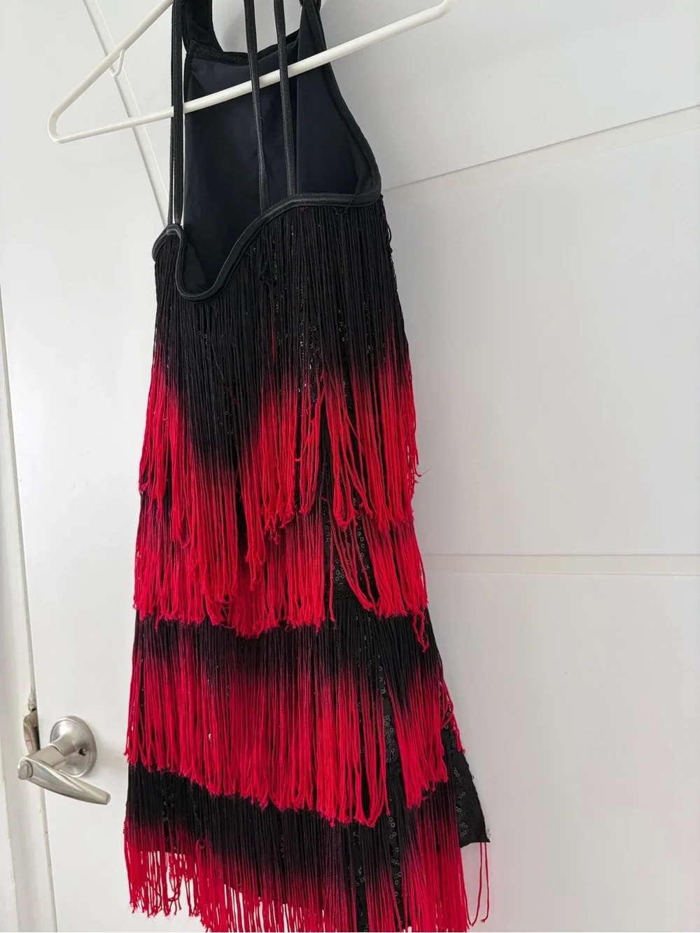 Weissman Fringe Dance Costume Kids LC Red Black Sequin Jazz Tap Leotard
